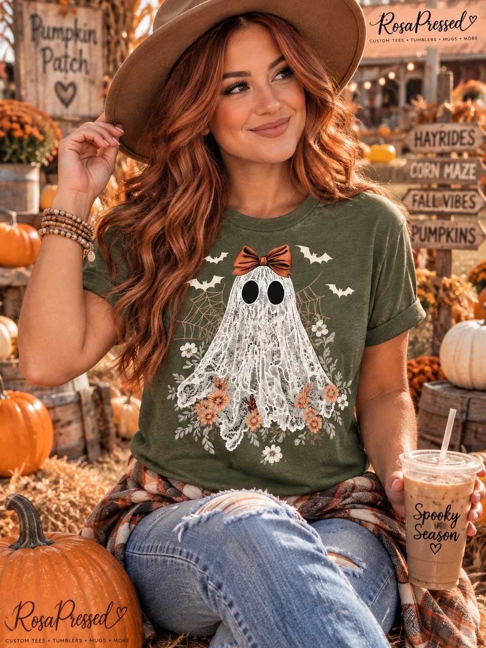 Gildan Olive Green Lace Ghost Floral Short Sleeve Tee